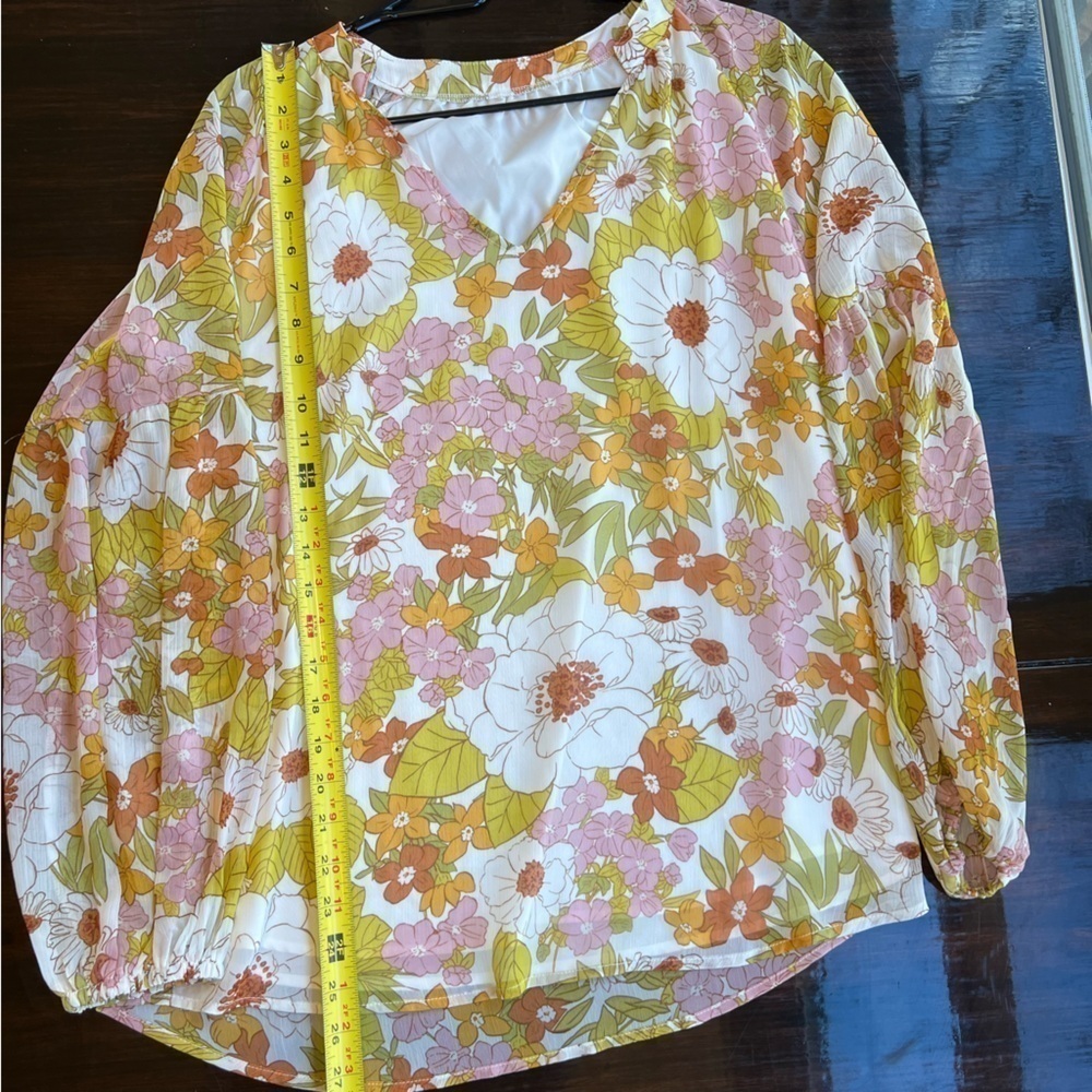 Women Casual Boho Blouse Fashion Floral Yellow V Neck Long Puff Sleeve Medium - Picture 6 of 12